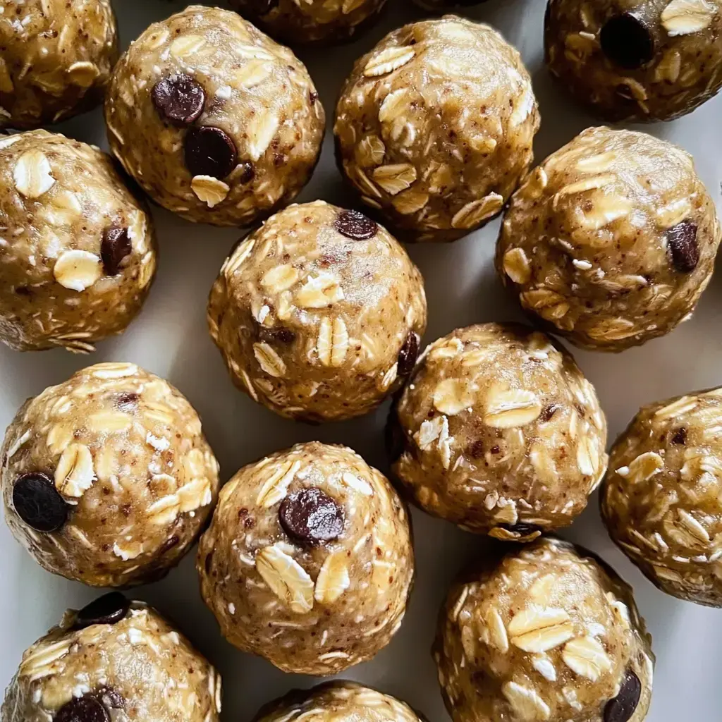 Close shot of oat balls with chocolate chips on a plate.