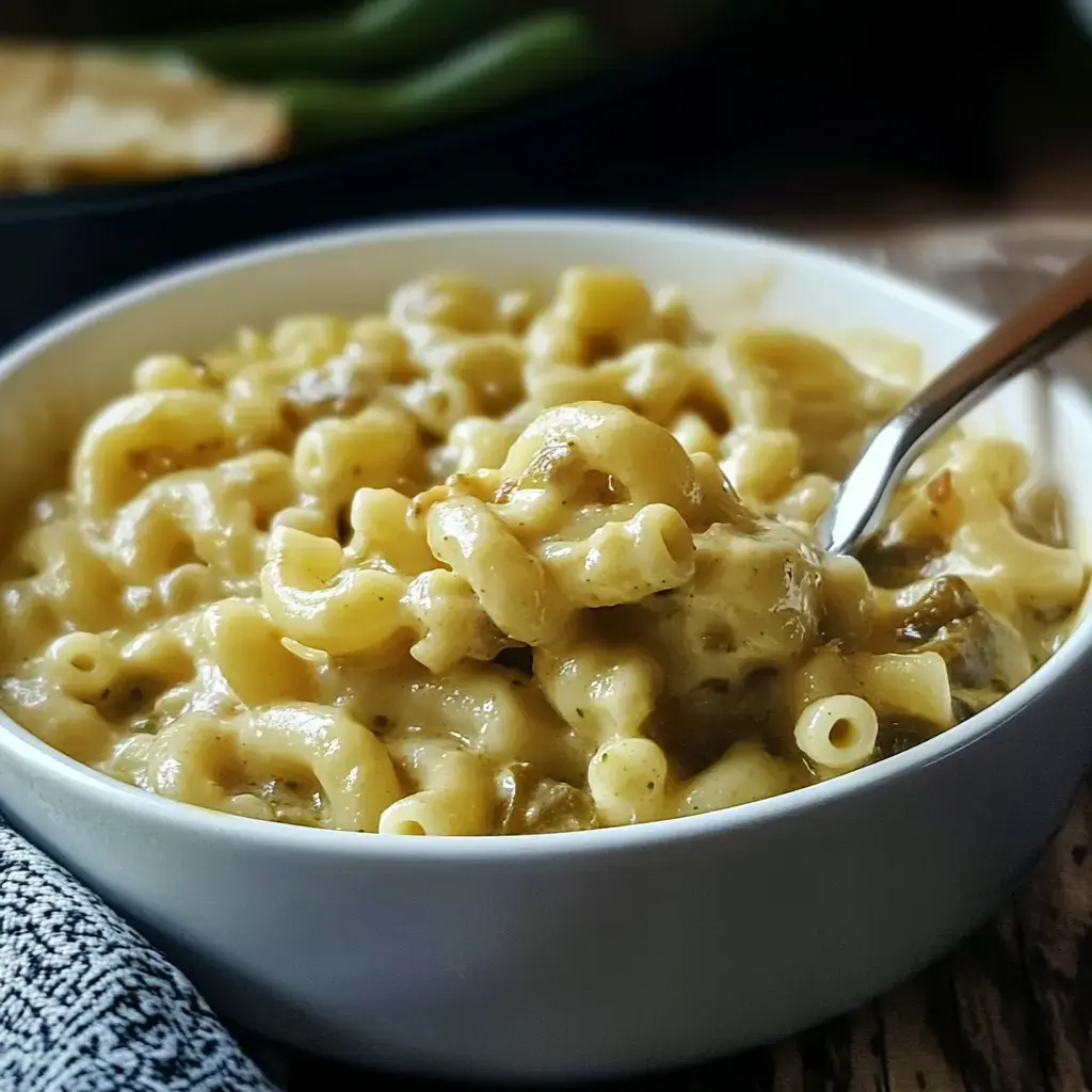 Creamy green chile mac and cheese with a spoon in the bowl.