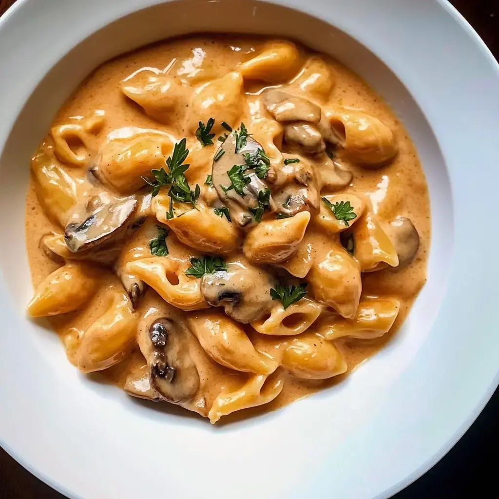 Creamy pasta with mushrooms and parsley in a white bowl.