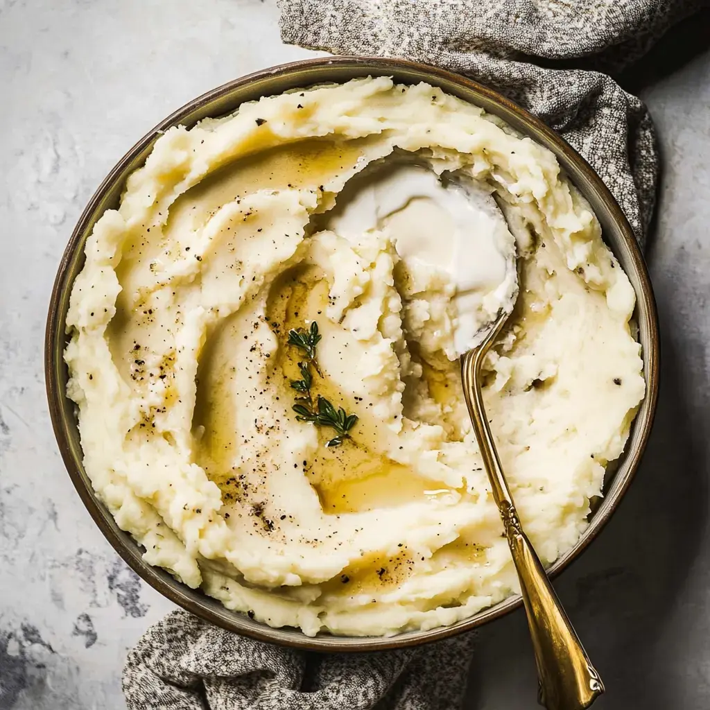 A buttery bowl of mashed potatoes topped with thyme next to a spoon.
