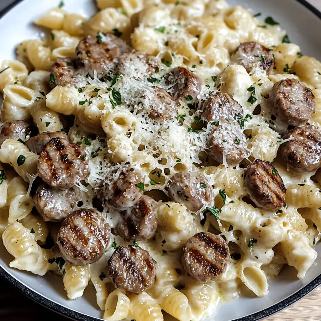 Close-up of creamy Parmesan pasta topped with grilled sausage pieces, sprinkled with parsley and cheese.
