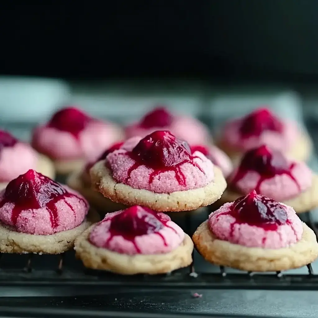 Freshly made cookies with pink icing and red fruit jam on top.