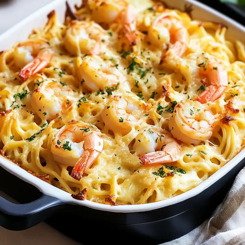 A rich shrimp and pasta bake topped with fresh parsley and melted cheese.