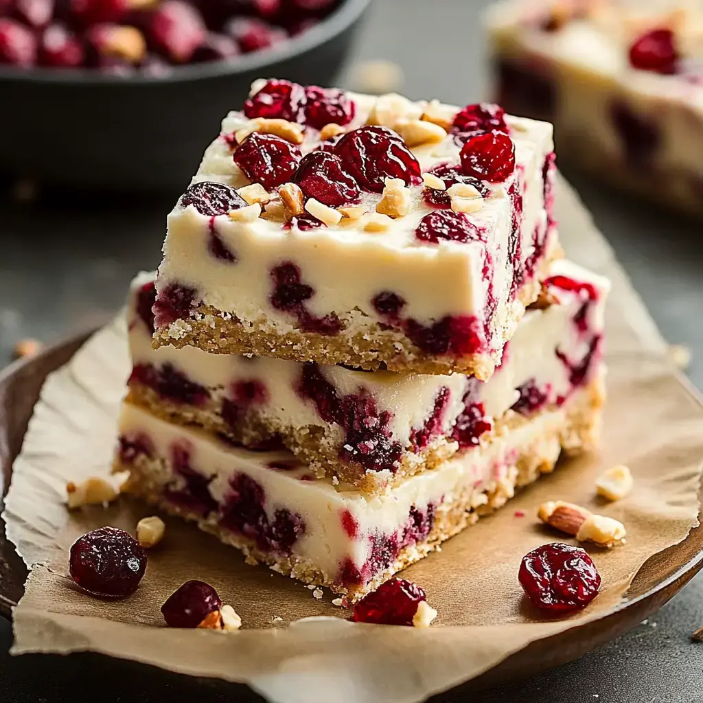 Three dessert bars stacked up, covered with rich white frosting, cranberries, and nuts, set on parchment paper.