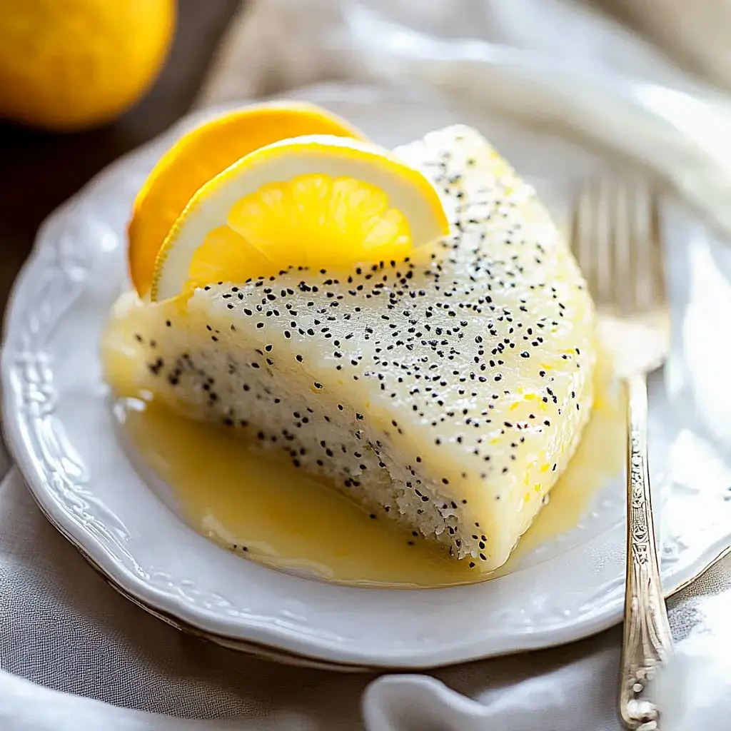 A freshly baked lemon poppy seed cake slice sits on a white plate, decorated with lemon slices and a glossy coating.