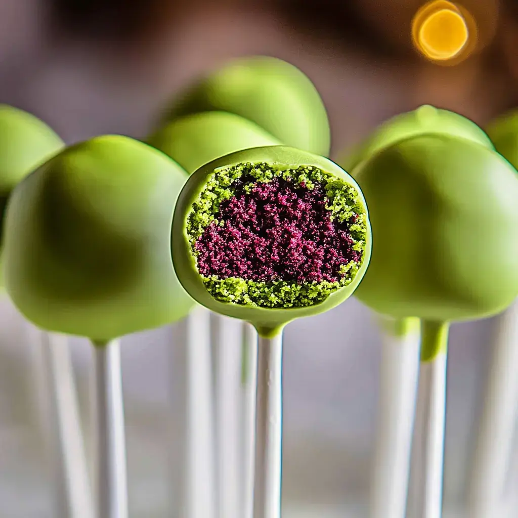 A sliced green candy-coated pop showing red velvet inside, with others blurred in the back for a festive look.