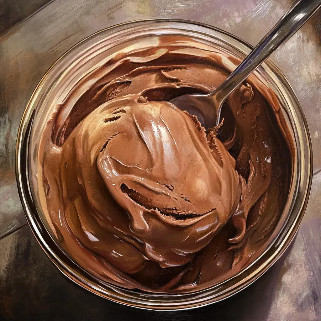 A close-up view of a creamy chocolate ice cream bowl with a spoon inside.