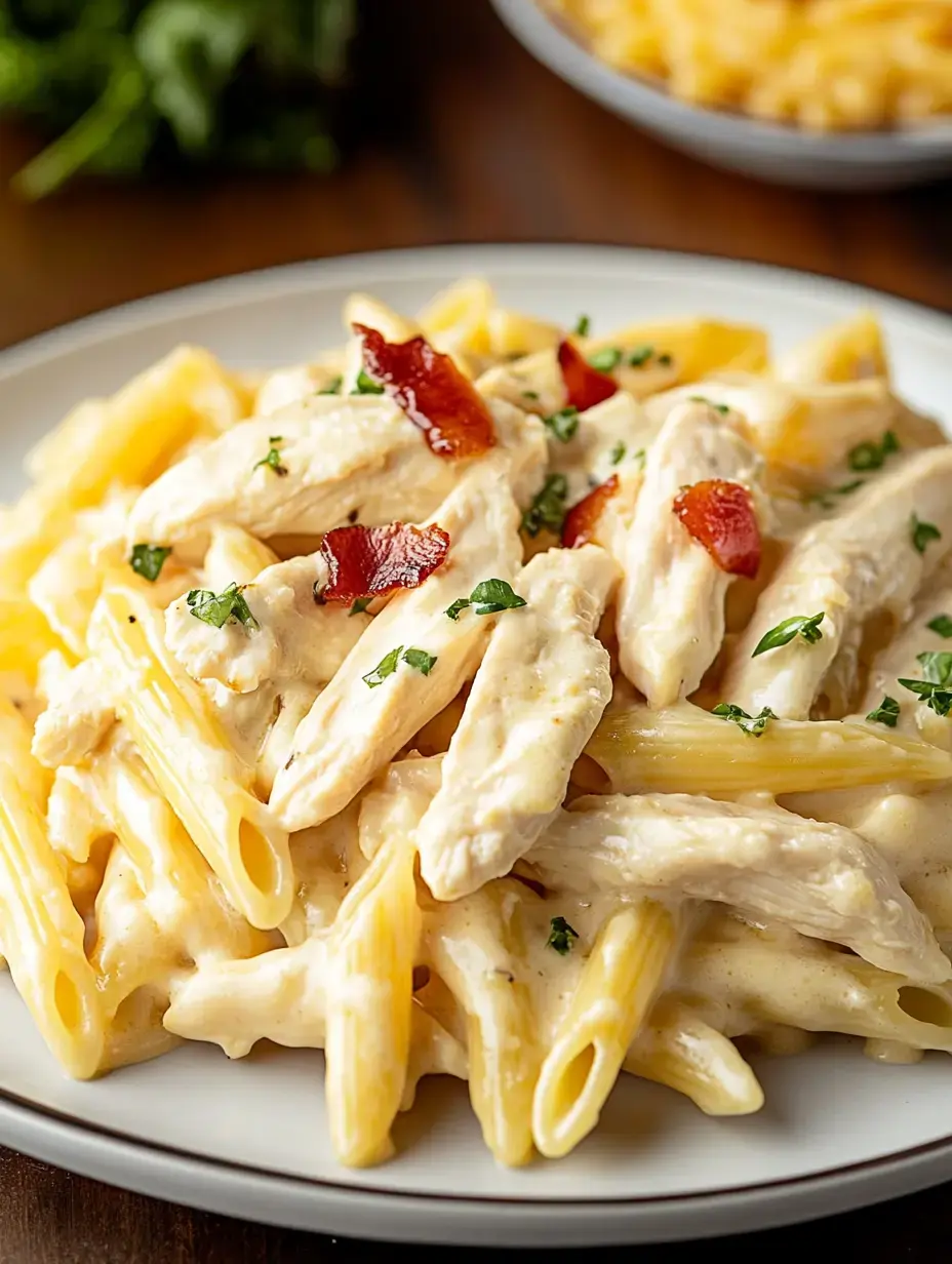 A creamy pasta dish with penne, grilled chicken slices, crispy bacon pieces and fresh herbs sprinkled on top.