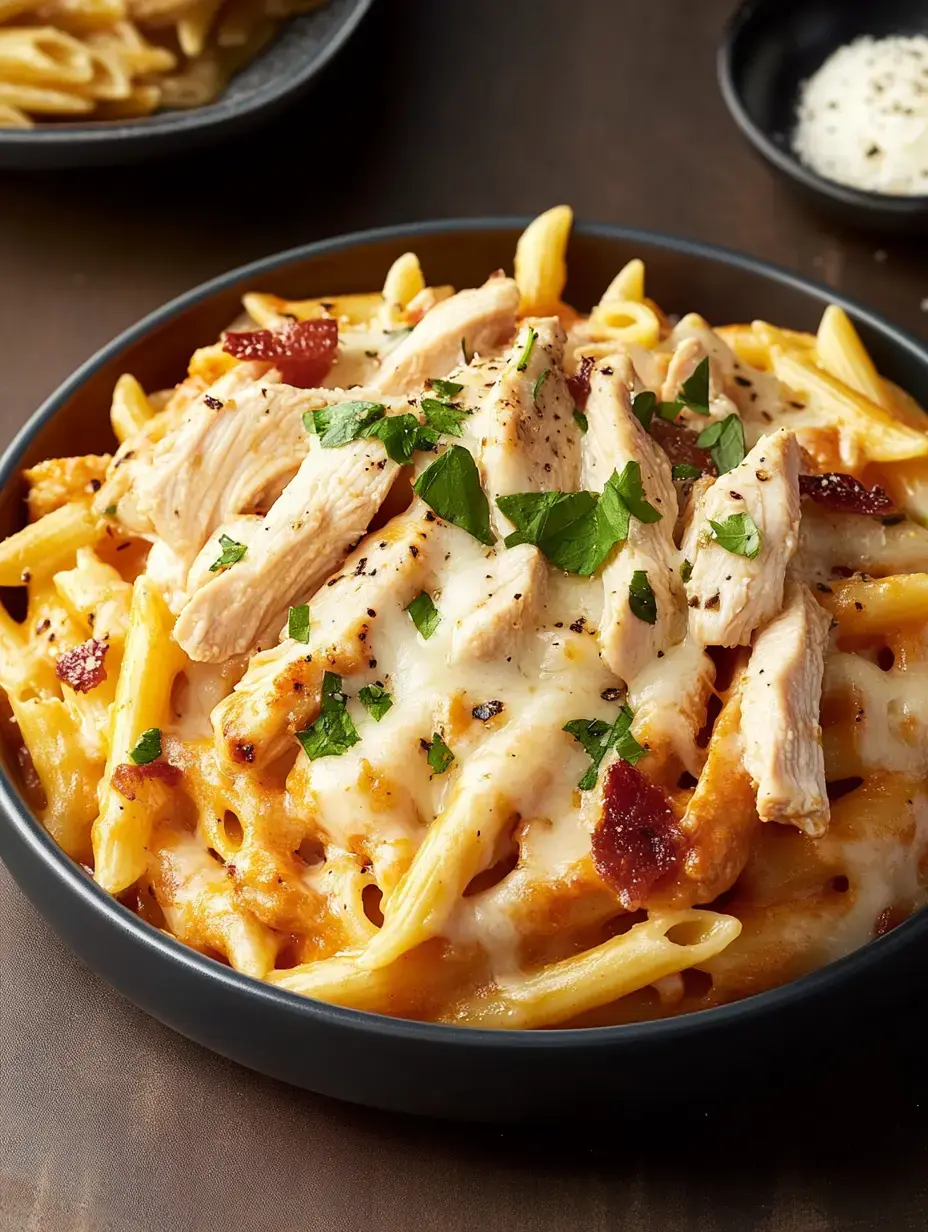 A bowl showing creamy penne mixed with grilled chicken slices, bacon bits and fresh parsley garnish.