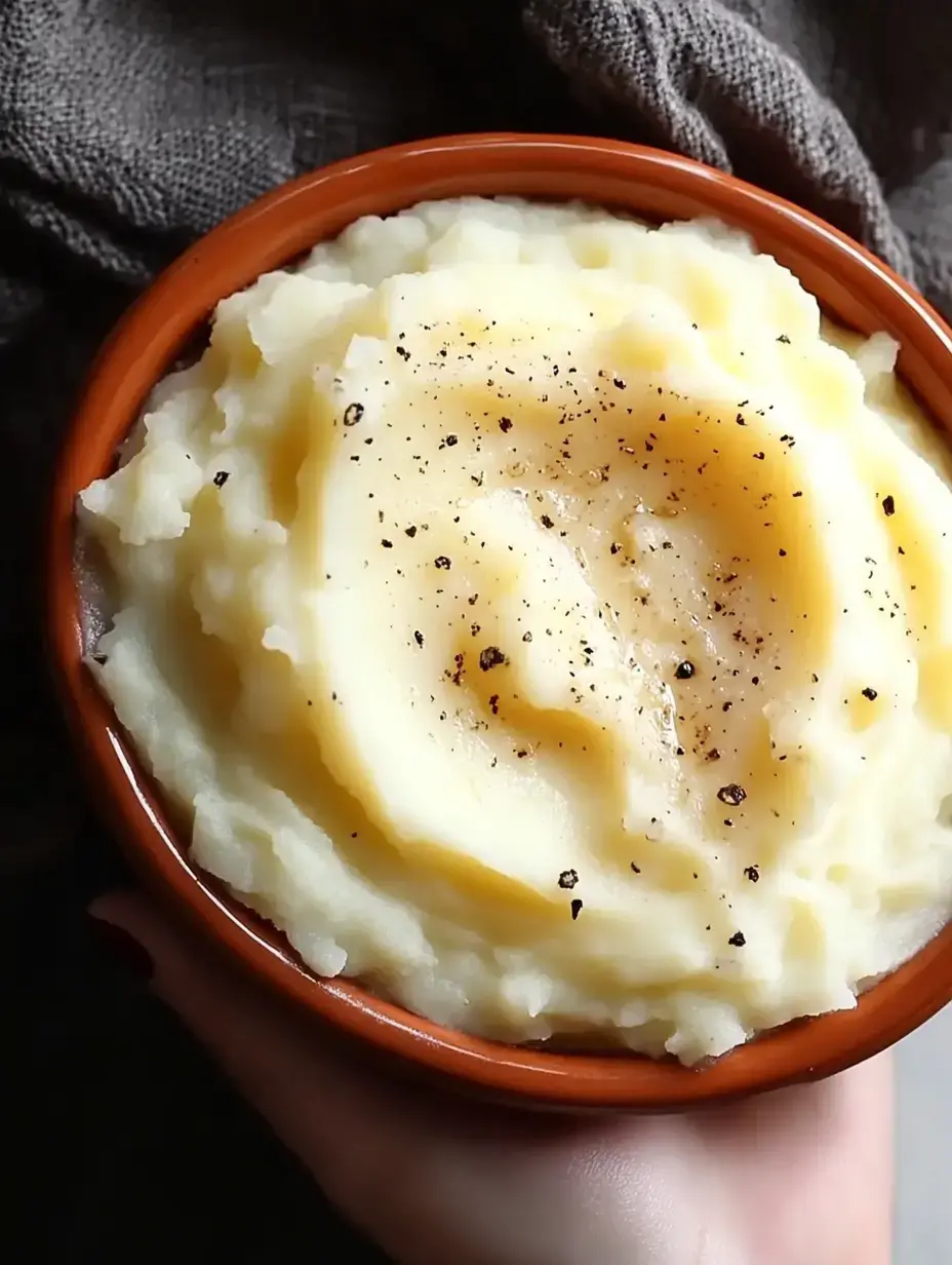 Someone holding a bowl of fluffy mashed potatoes with melting butter and fresh black pepper on top.