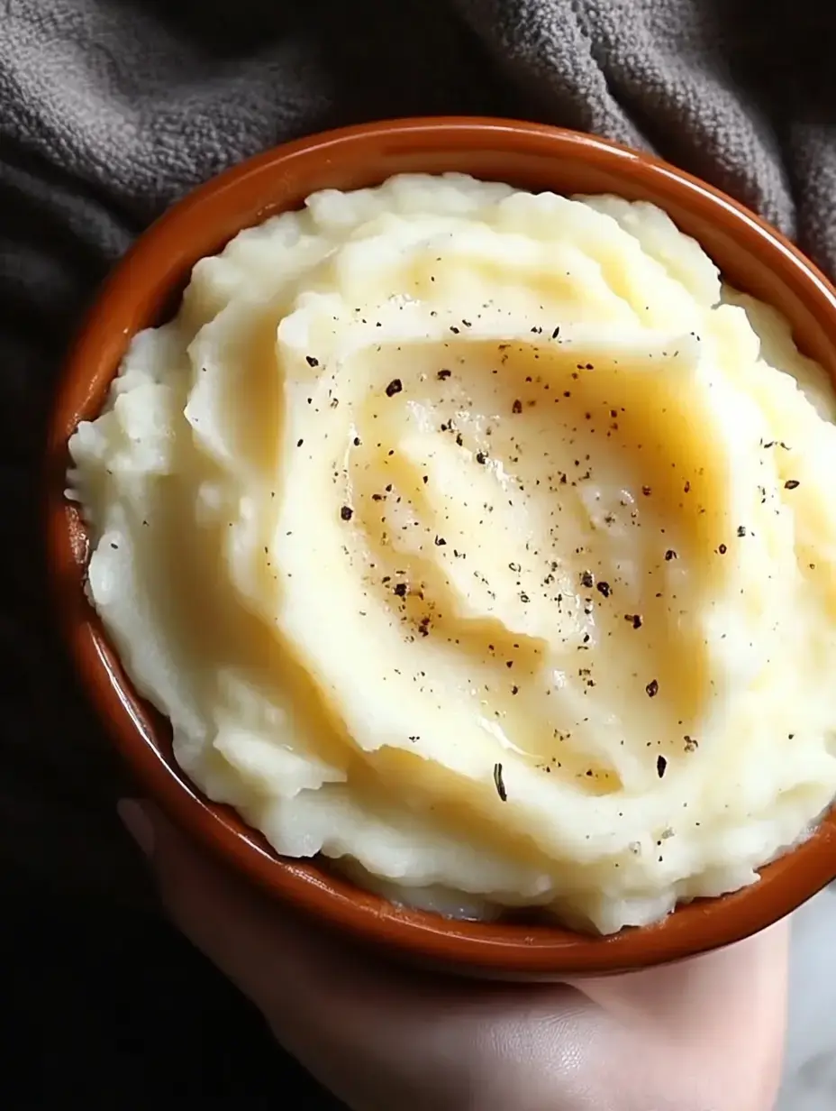Someone holding a country-style bowl of smooth mashed potatoes with melted butter and fresh black pepper sprinkled on top.