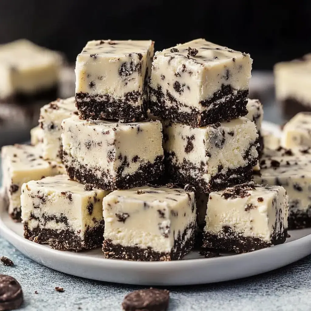 A stack of creamy white fudge squares with dark chocolate cookie bits layered throughout on a serving plate.