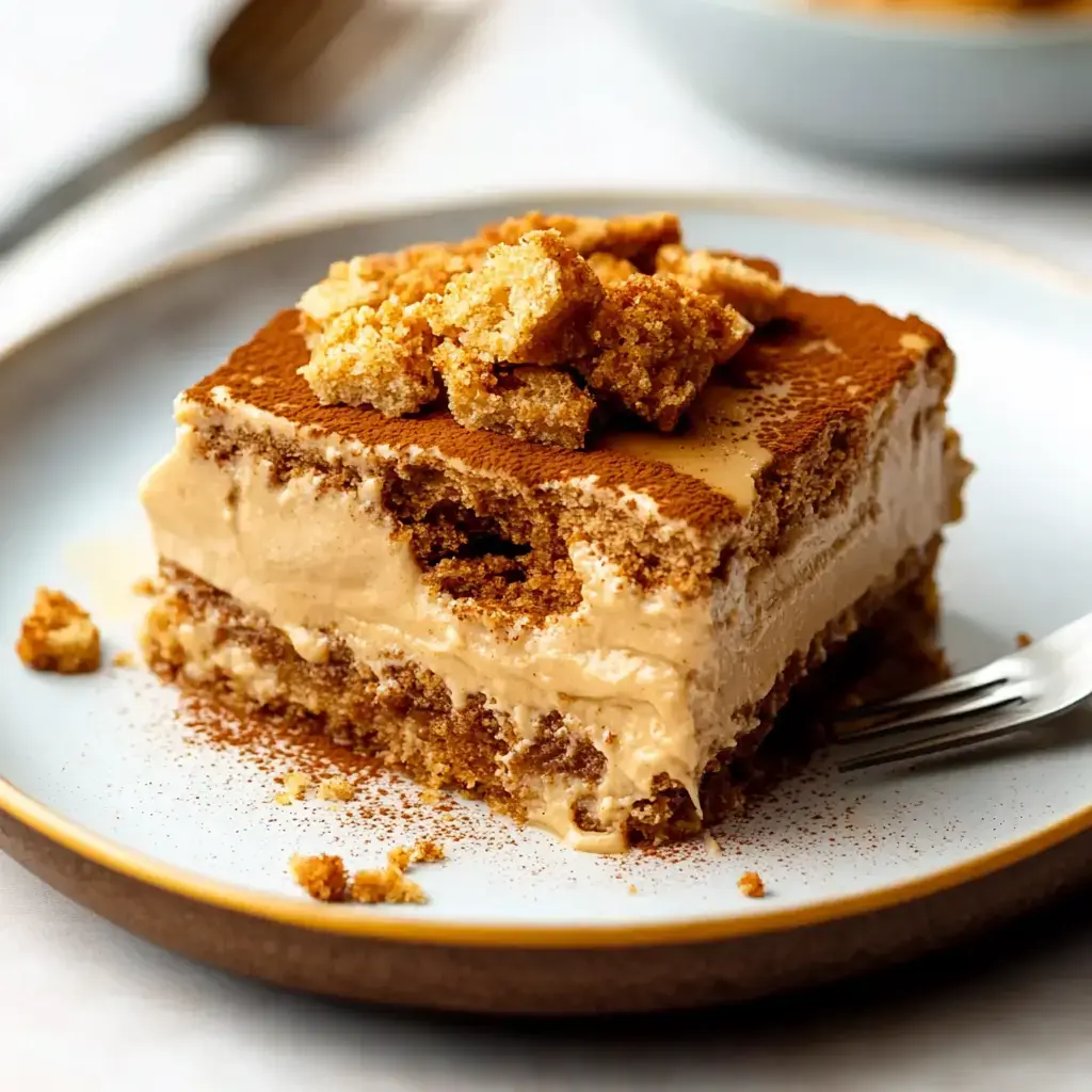 A portion of layered dessert with crumbled cookies and cocoa dusting served on a plate.