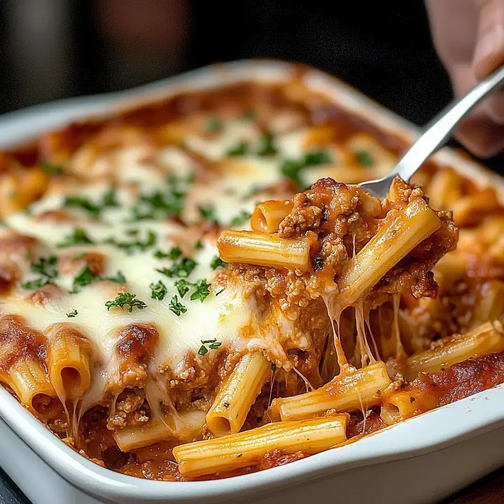 Cheesy pasta with meat sauce being lifted by a fork from a white ceramic dish, with fresh parsley on top.