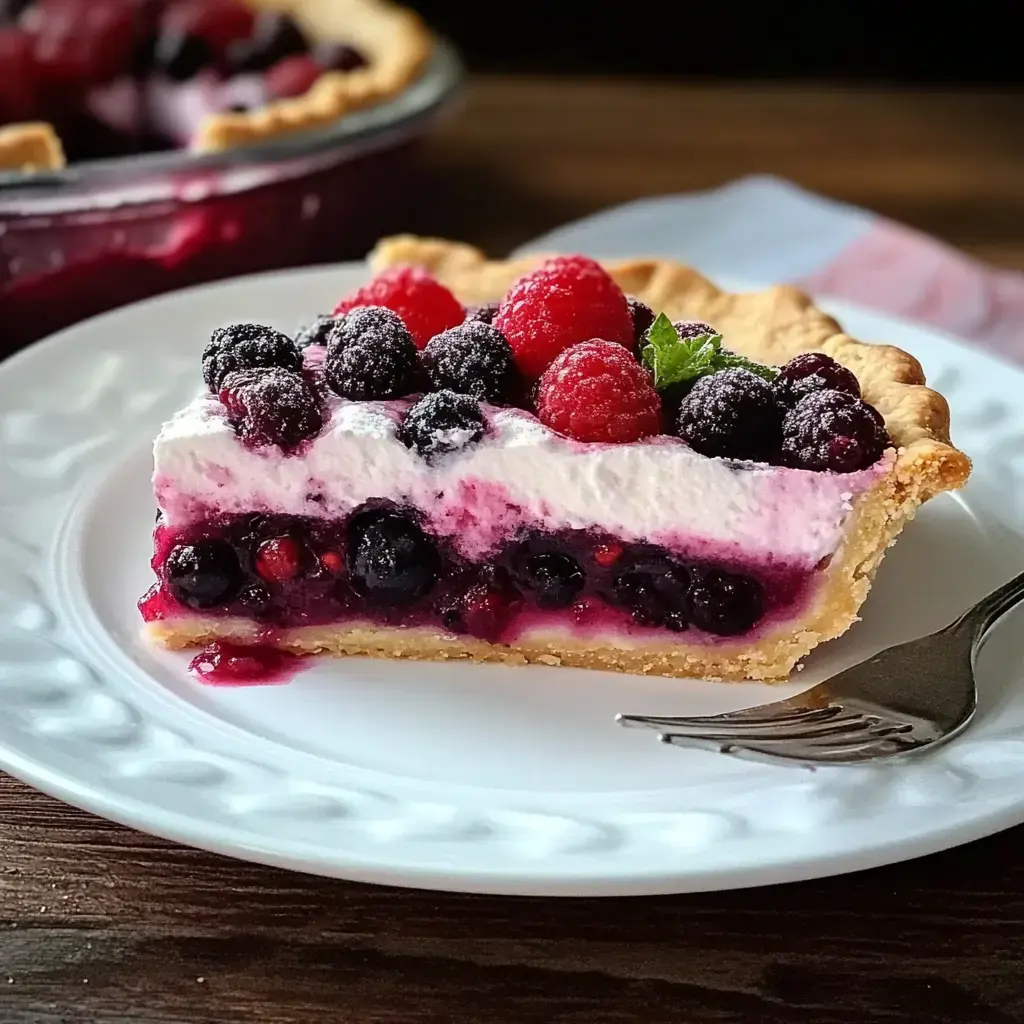 A slice of berry pie sits on a white plate, showing layers of mixed berries, cream, and a golden-brown crust, topped with fresh raspberries and mint leaves.