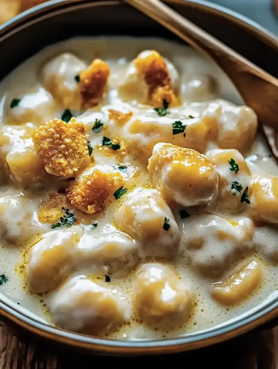 A bowl of velvety gnocchi topped with crunchy pieces and fresh herbs, shown close-up.