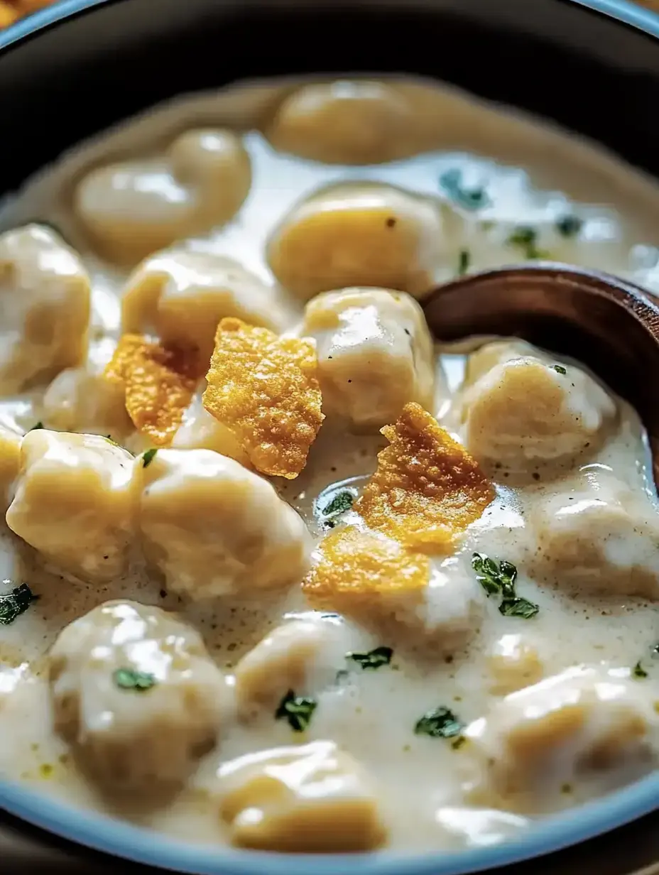A serving of silky gnocchi with crispy bits sprinkled on top and green herbs as garnish.