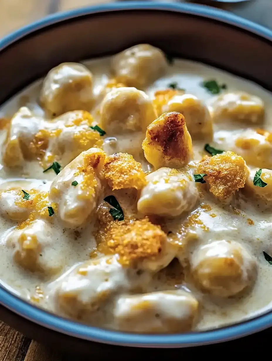 A dish of silky gnocchi finished with toasted breadcrumbs and green herb garnish.