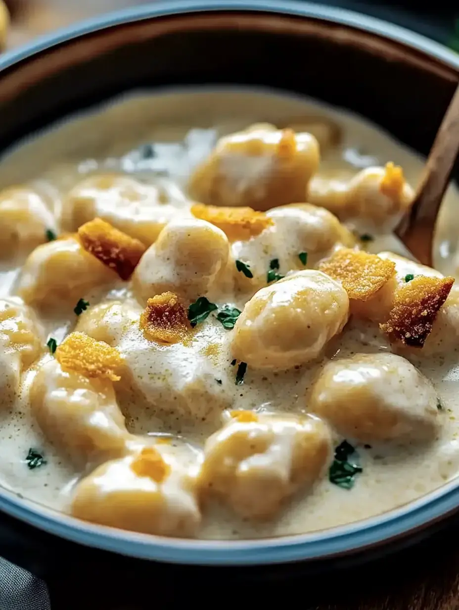 A serving of creamy potato dumplings topped with crispy bits and decorated with fresh parsley.