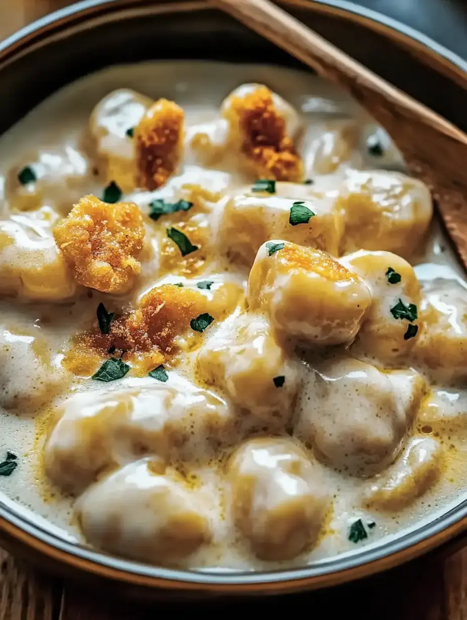 A portion of velvety gnocchi finished with crispy toppings and green herbs.