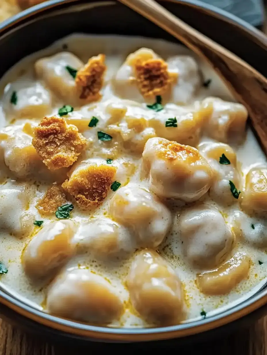 A close view of velvety potato dumplings with crunchy toppings and green herbs.
