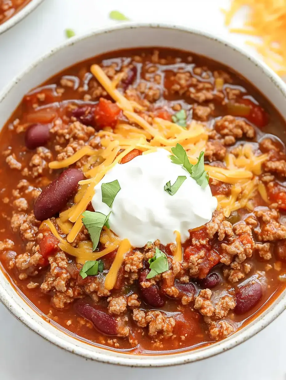 A steaming bowl of chili garnished with melted cheese, dollops of sour cream, and fresh cilantro, showing chunks of ground meat and red kidney beans in a thick tomato sauce.