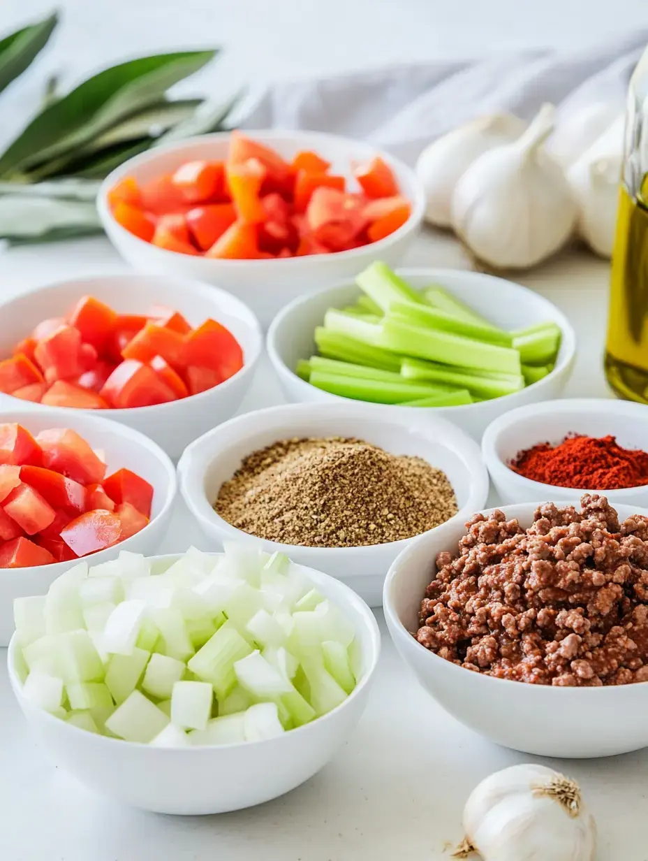 Fresh cooking ingredients spread across a counter in small bowls featuring diced vegetables, seasoned ground meat, colorful spices, with garlic cloves and olive oil nearby.