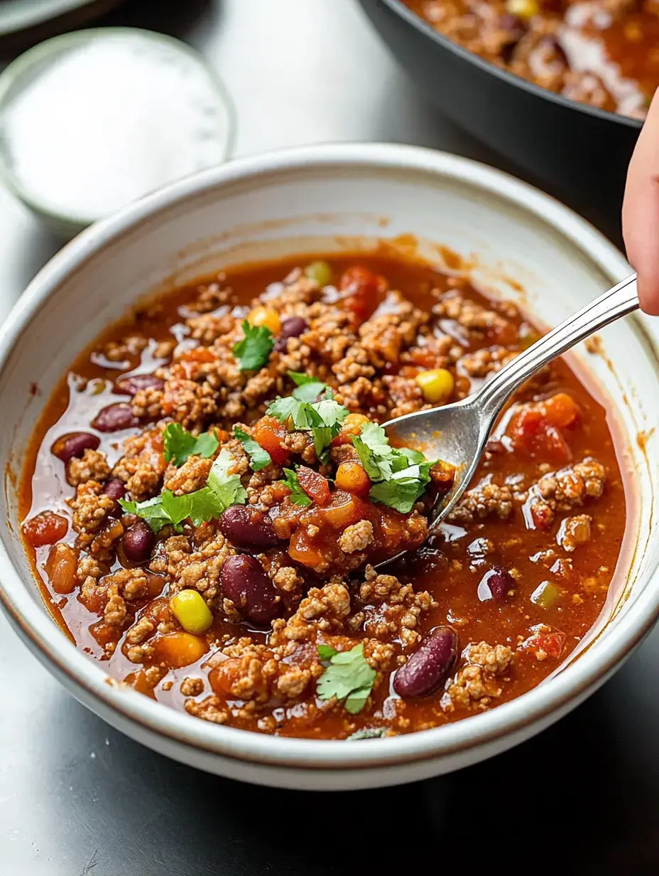 A steaming bowl of flavorful chili showing ground meat, red kidney beans, sweet corn, and fresh cilantro garnish with a serving spoon nearby.