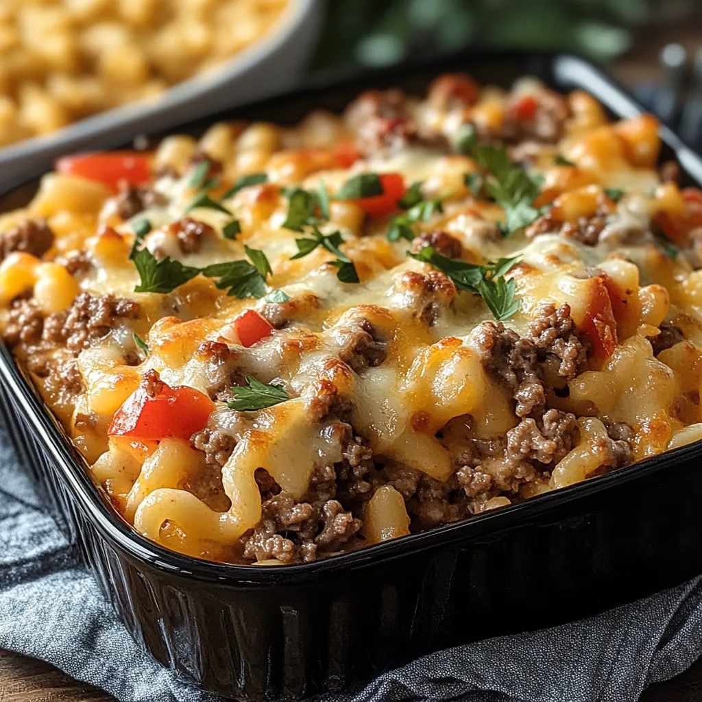 A hearty casserole with pasta, beef, and cheesy layers, ideal for weeknight meals or gatherings.