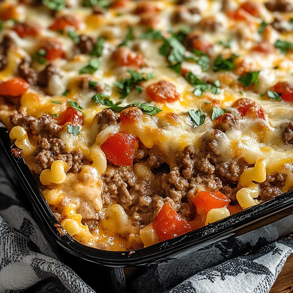 A filling beef and pasta bake featuring ground meat, melted cheese and tender noodles, perfect for busy weeknight dinners.