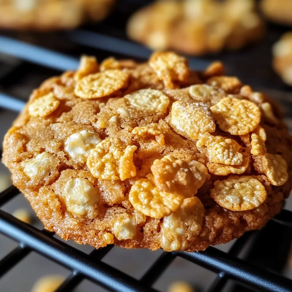Zoomed-in view of crispy peanut butter cornflake cookies.