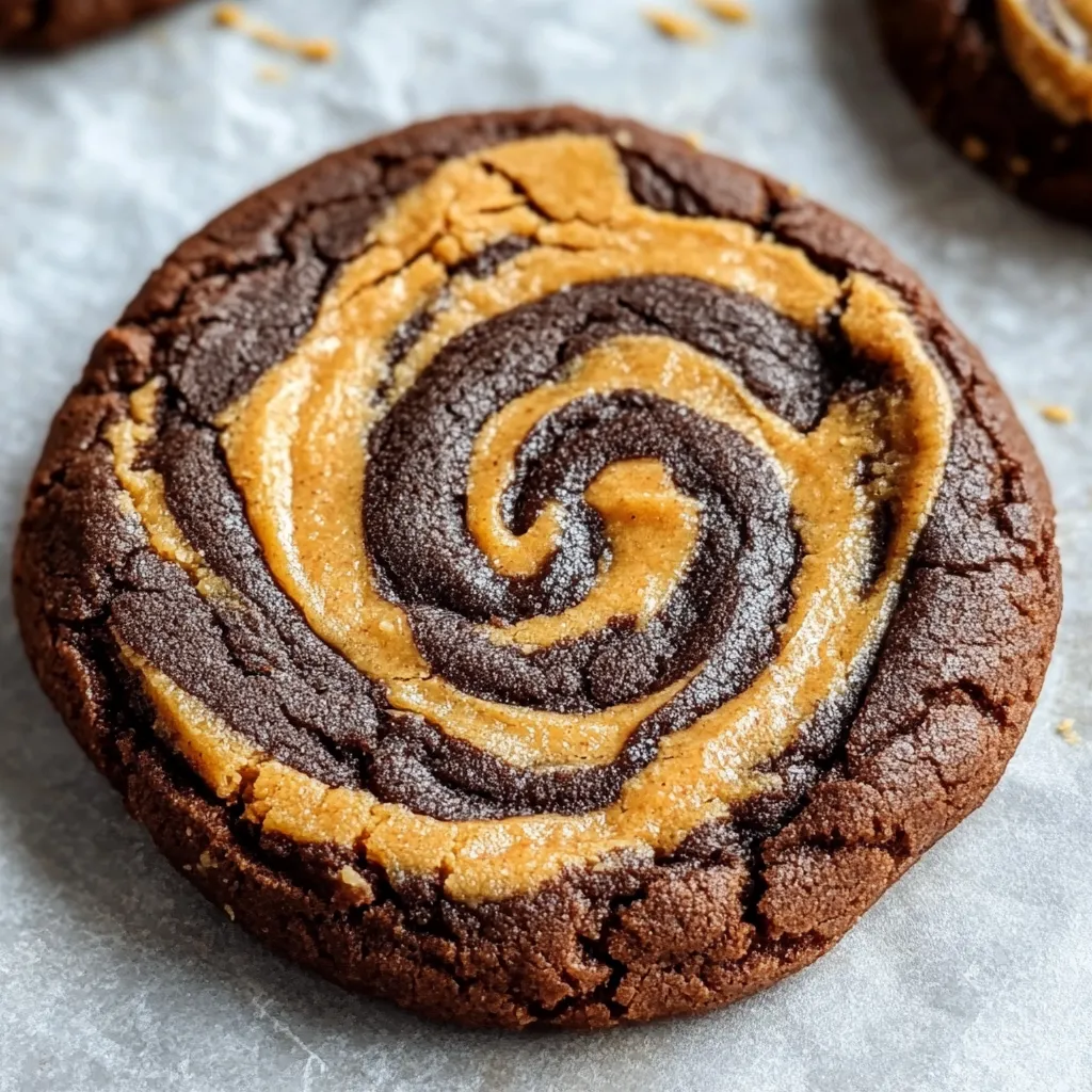Freshly baked swirl cookies showcasing the beautiful mix of smooth peanut butter streaks through rich chocolate dough.