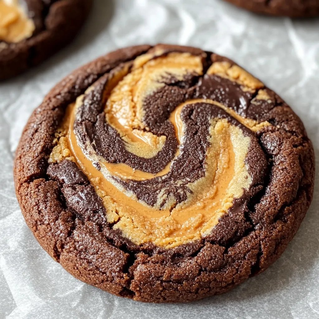 A pile of tasty chocolate cookies with gorgeous peanut butter swirls showing their distinctive marbled pattern.