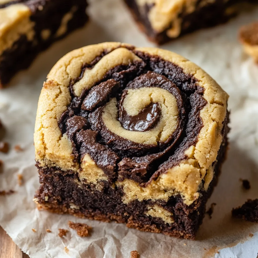 Close-up of swirled peanut butter and chocolate cookies with a soft, moist look.