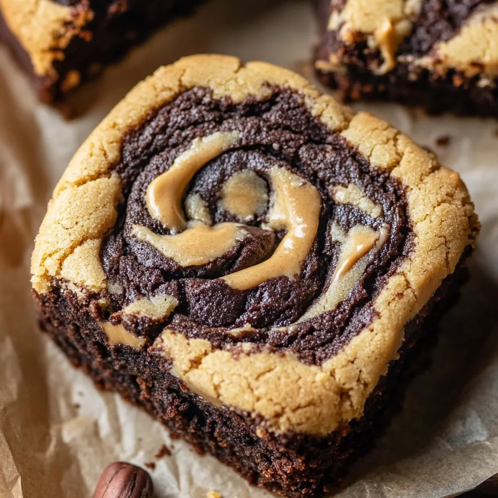 Up-close view of a peanut butter brownie cookie showing rich chocolate and creamy peanut butter swirls.
