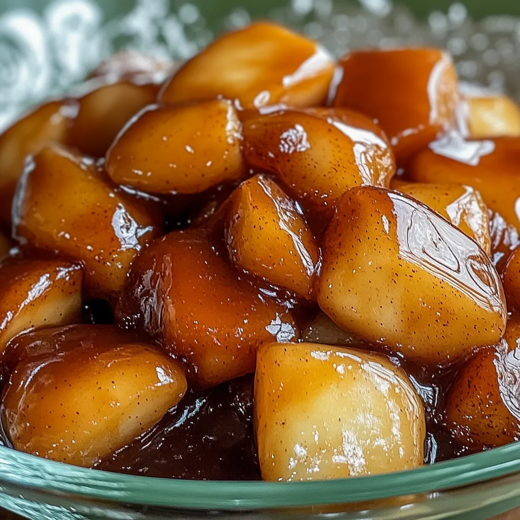 A bowl filled with Cracker Barrel Fried Apples, displaying soft, caramelized apple pieces glistening in a sweet syrup.