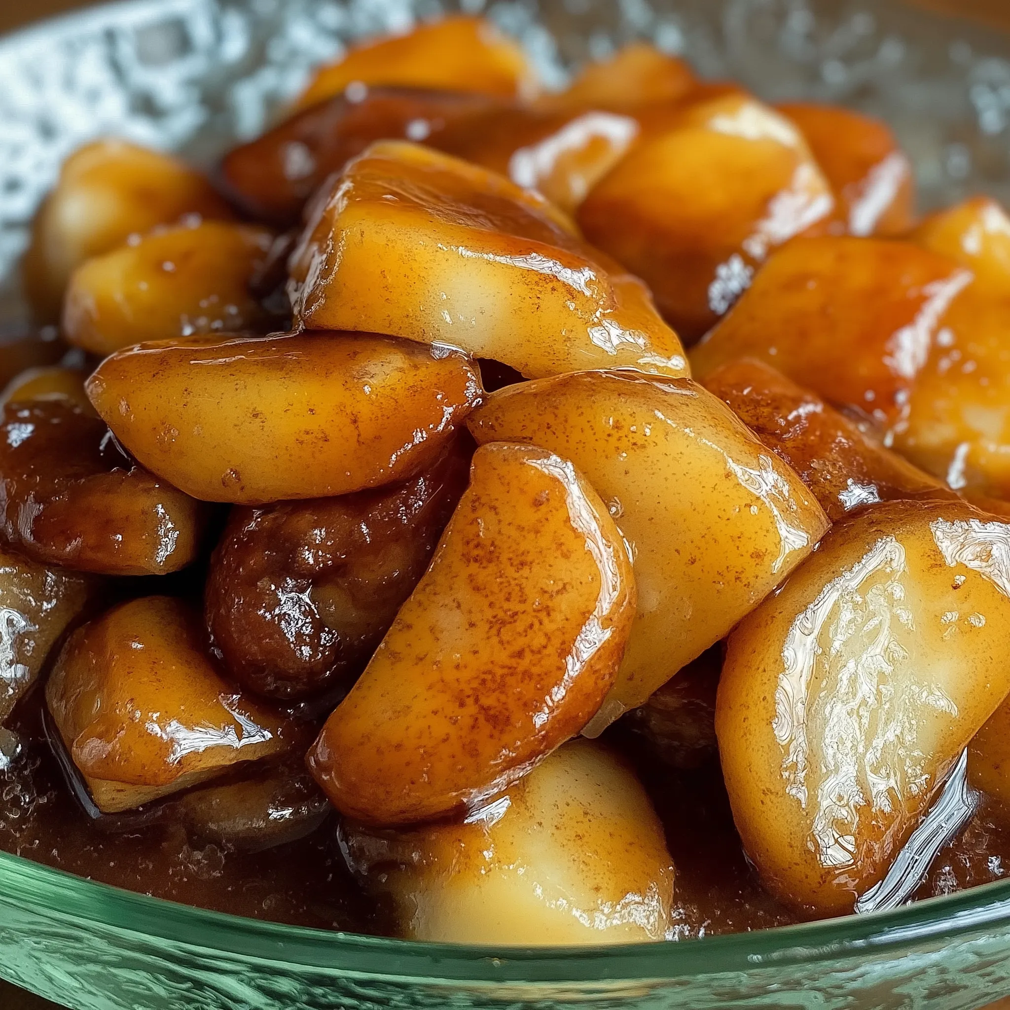 A bowl of Cracker Barrel Fried Apples, highlighting warm, sweet apple slices enveloped in a rich, caramelized coating.