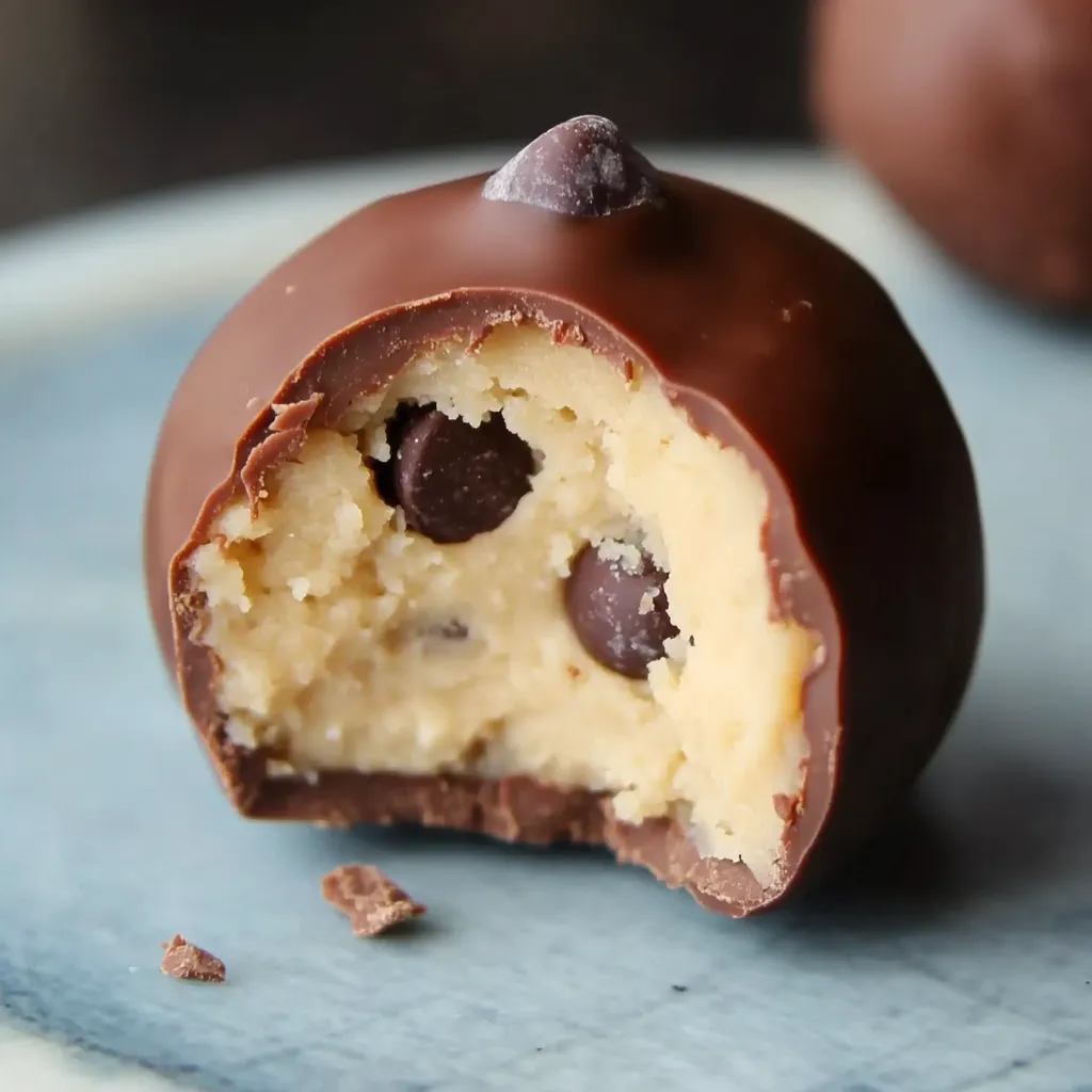 A close-up of chocolate chip cheese ball arranged on a blue plate.