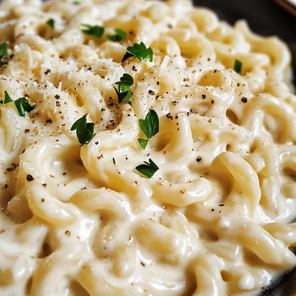 Pasta with creamy cheese topping.