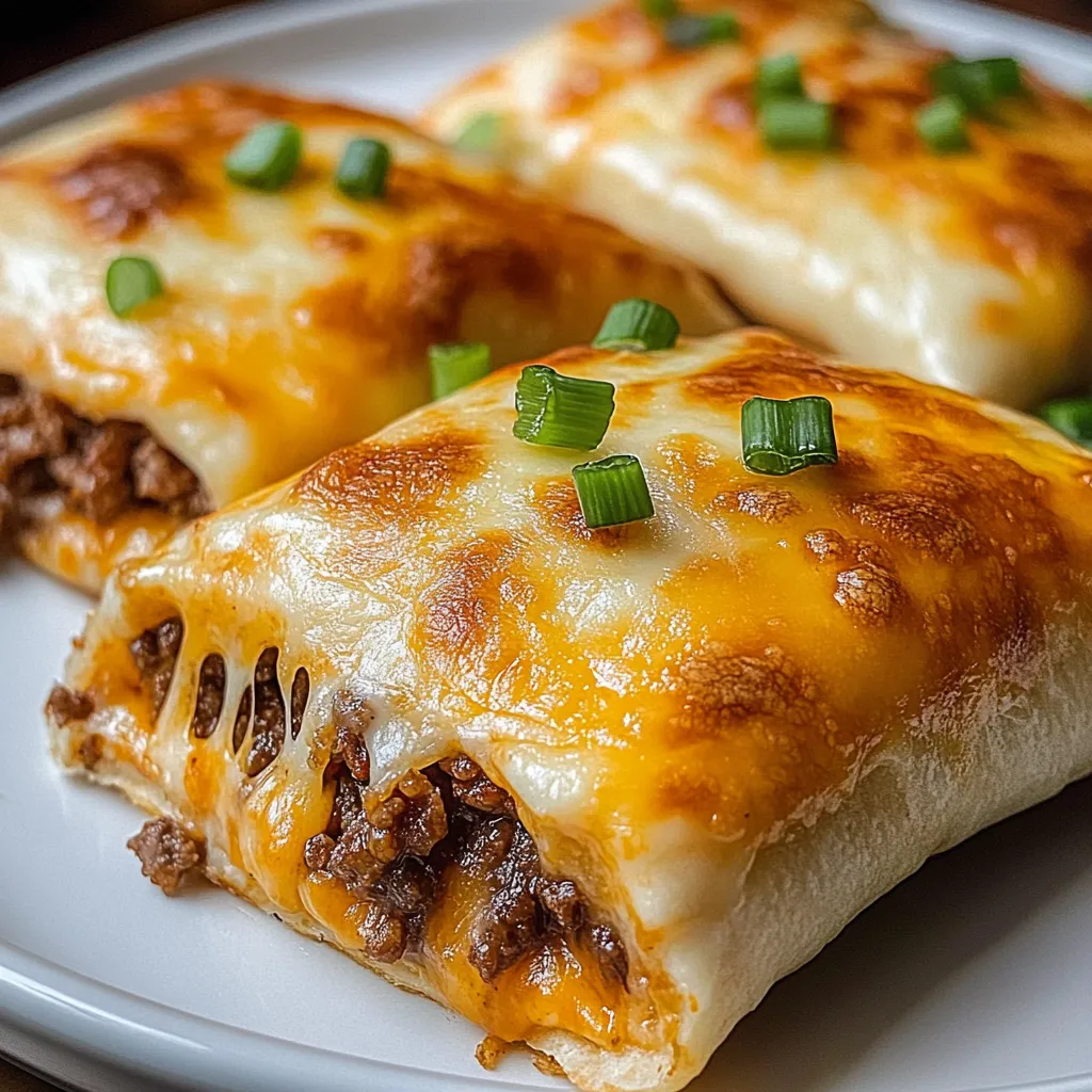Closeup of a cheesy taco pocket cut open showing the juicy beef and rich cheese stuffing inside.