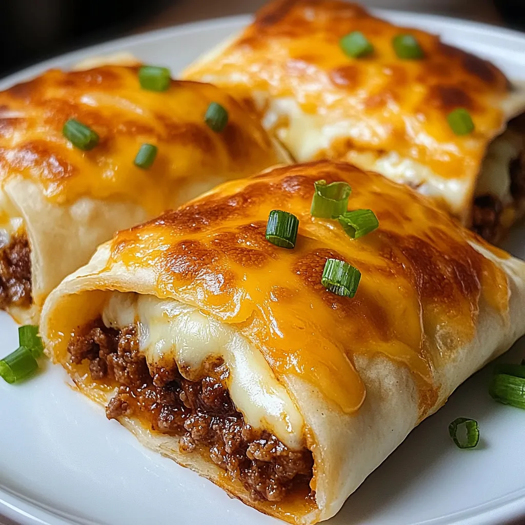 Up-close shot of beef-stuffed cheesy taco pockets showing the melty cheese and savory meat filling inside.