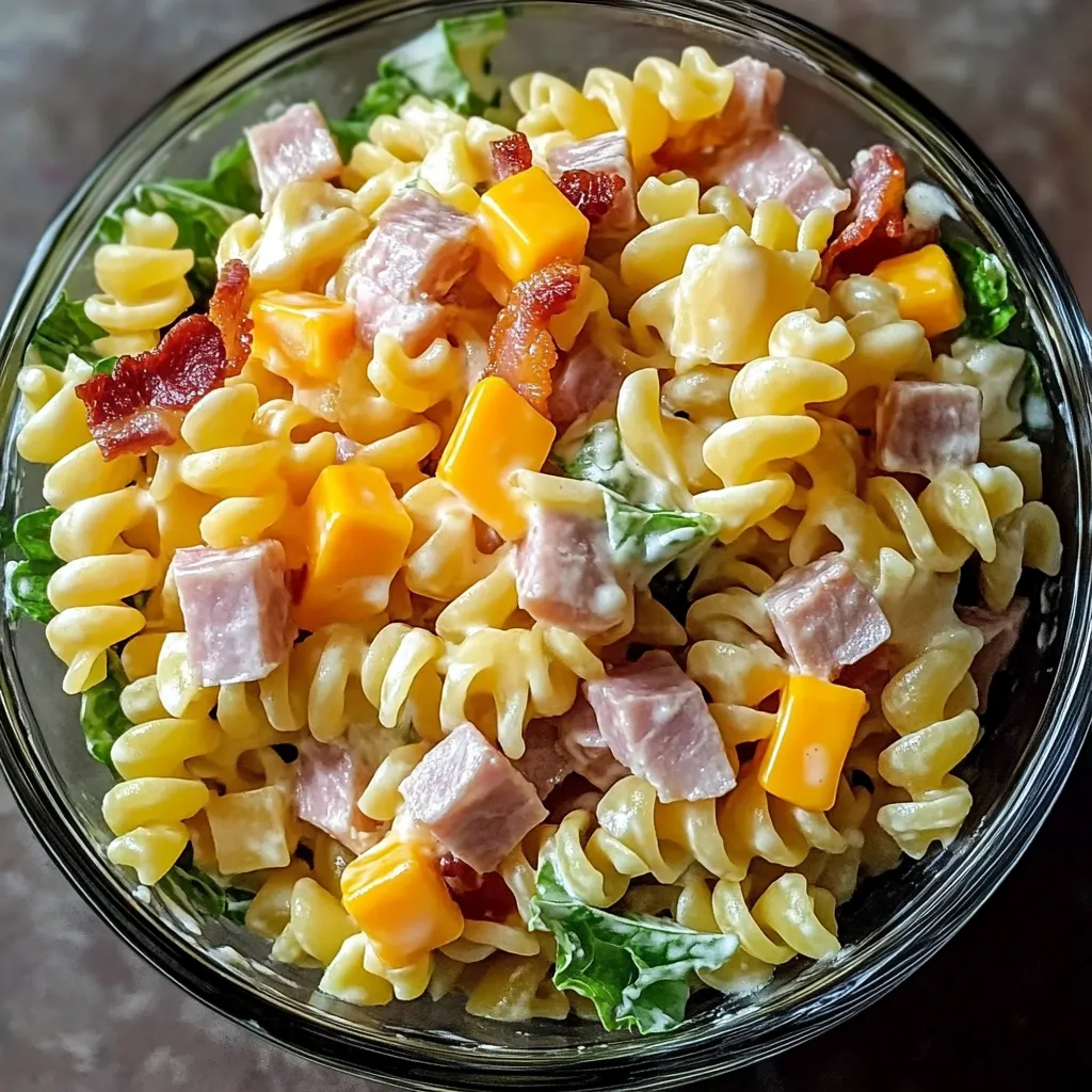 Bowl filled with colorful pasta, veggies, and sandwich fixings in a creamy dressing.
