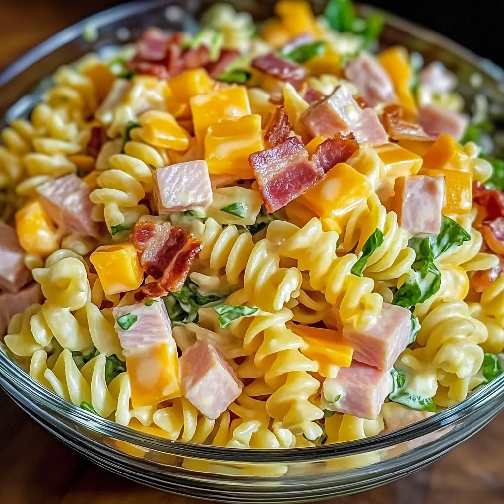 Close look at pasta salad featuring spiral noodles mixed with veggies and cheese chunks.