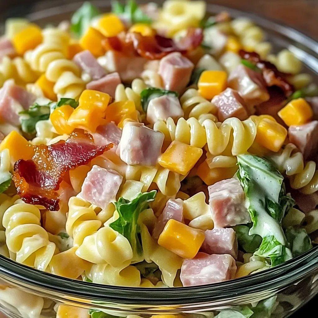 Zoomed view of pasta salad bowl showing swirls of pasta mixed with veggies, cheese and bacon pieces.