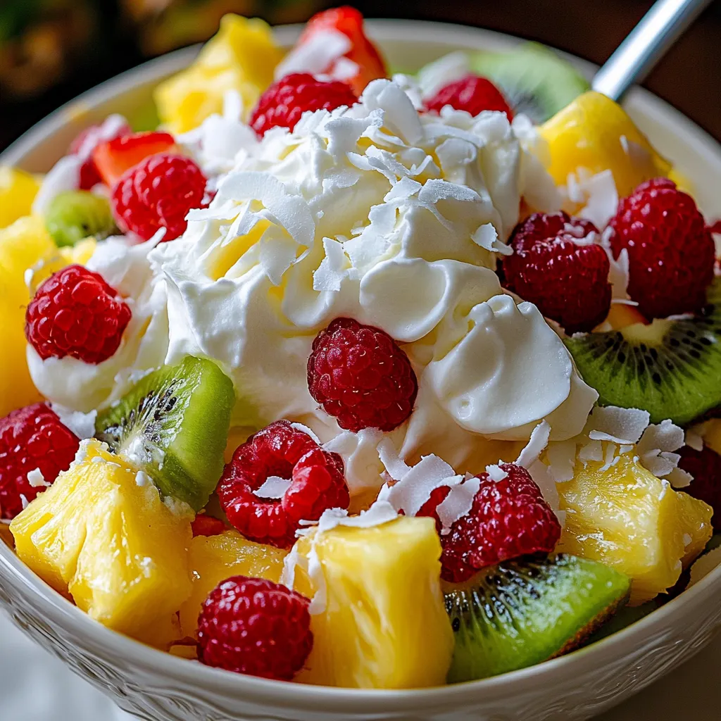 A colorful bowl of creamy Hawaiian fruit salad garnished with toasted coconut flakes.