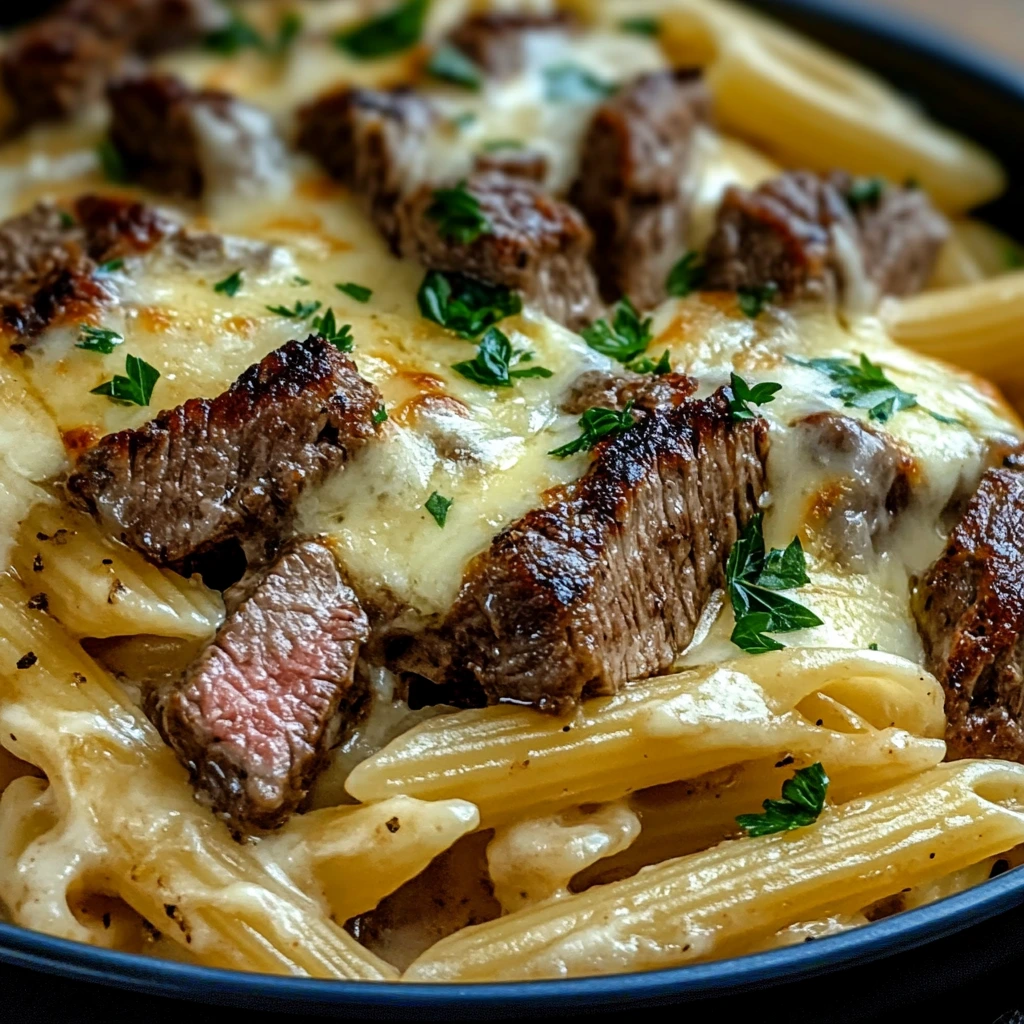 Cheesy rigatoni and steak in garlic butter—a hearty, comforting combo.