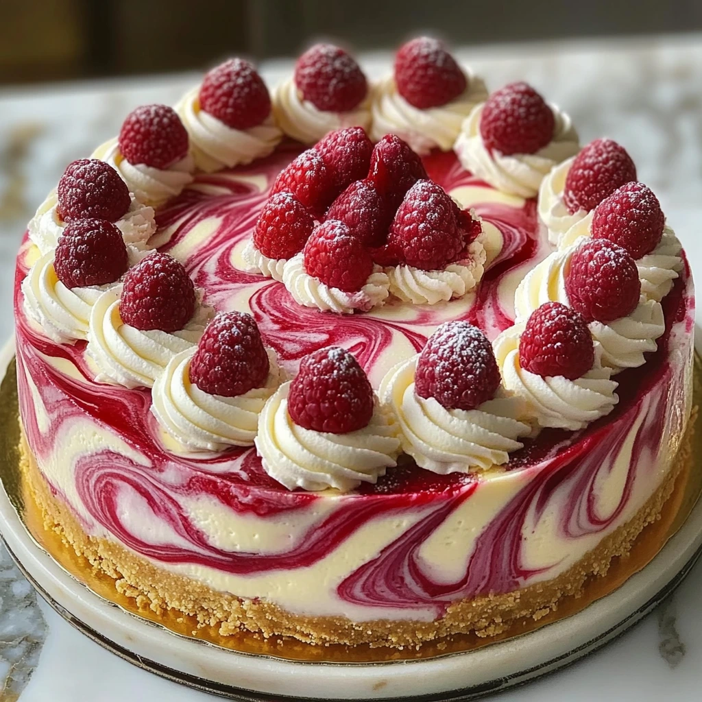A rich white chocolate raspberry swirl cheesecake with a beautiful presentation.