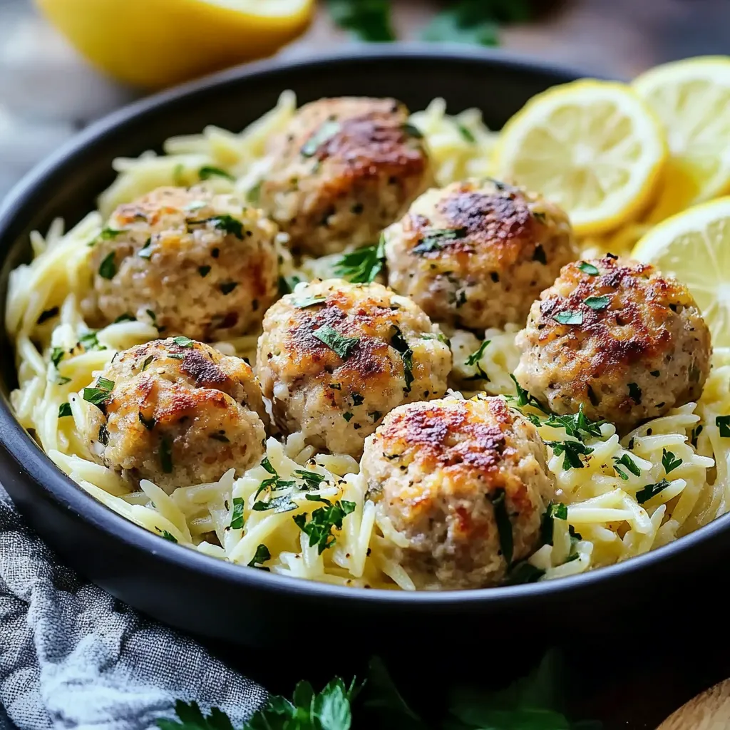 Juicy Lemon Chicken Meatballs with Buttery Orzo