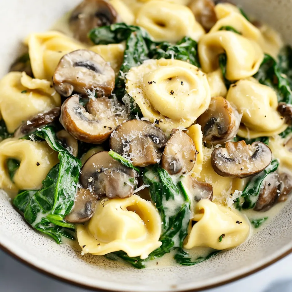 Tortellini cooked with spinach and mushrooms in creamy sauce