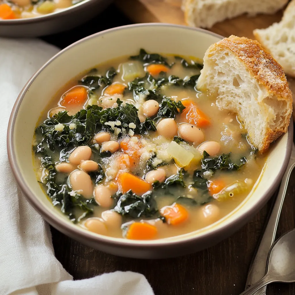 Fresh bowl of bean soup with kale